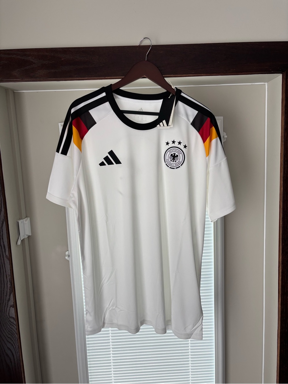 adidas White Soccer Jersey with Black and Red Accents